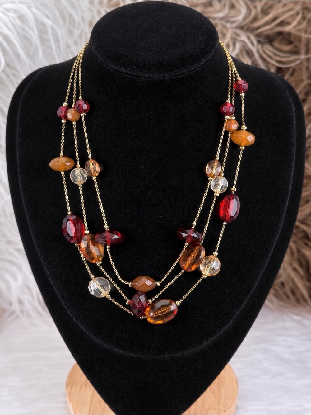 Pretty multi strand, red, clear and orange costume necklace